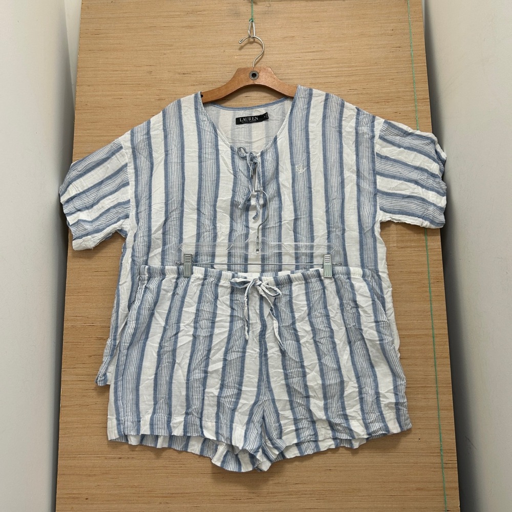 Lauren Ralph Lauren Blue White Striped Pajama Set Short Sleeve Shorts XL